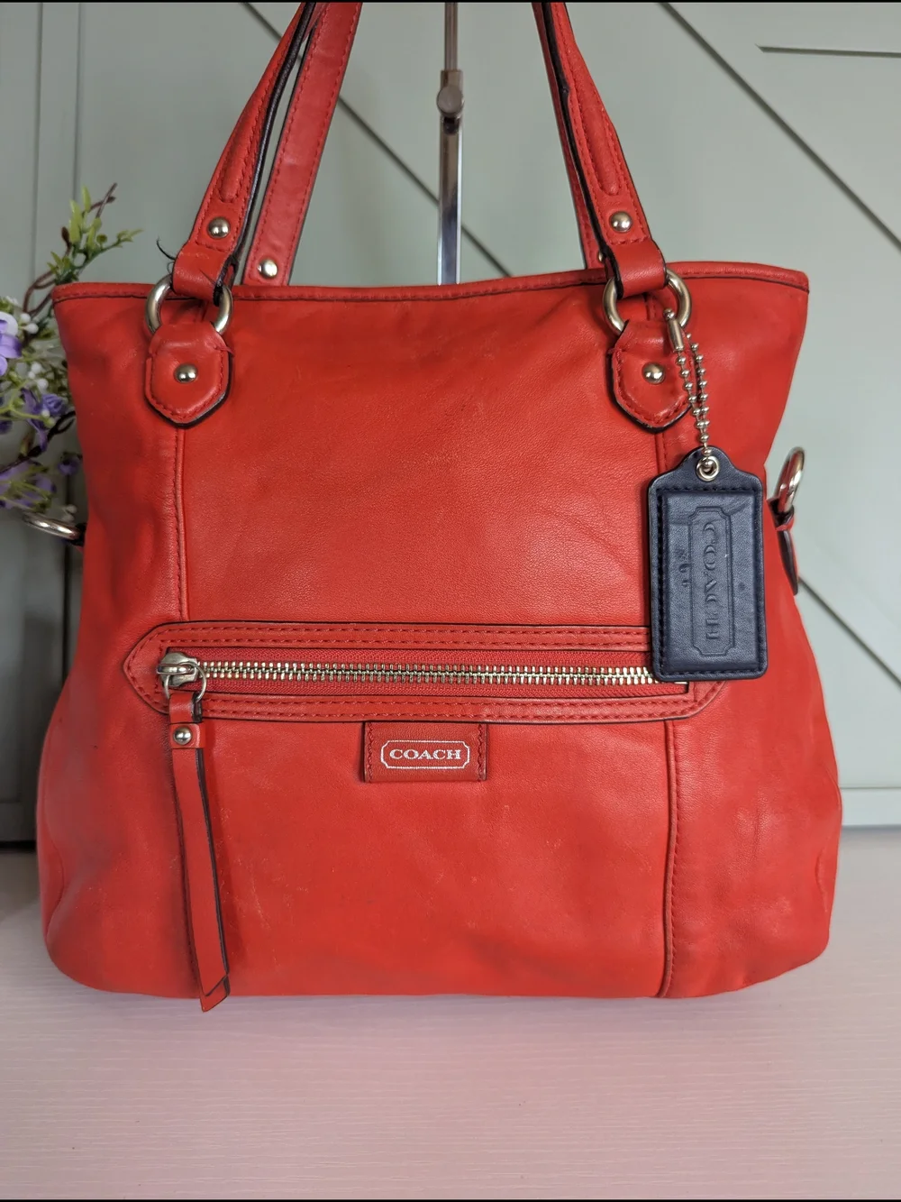Coach Red Leather Tote Bag with Front Zip Pocket